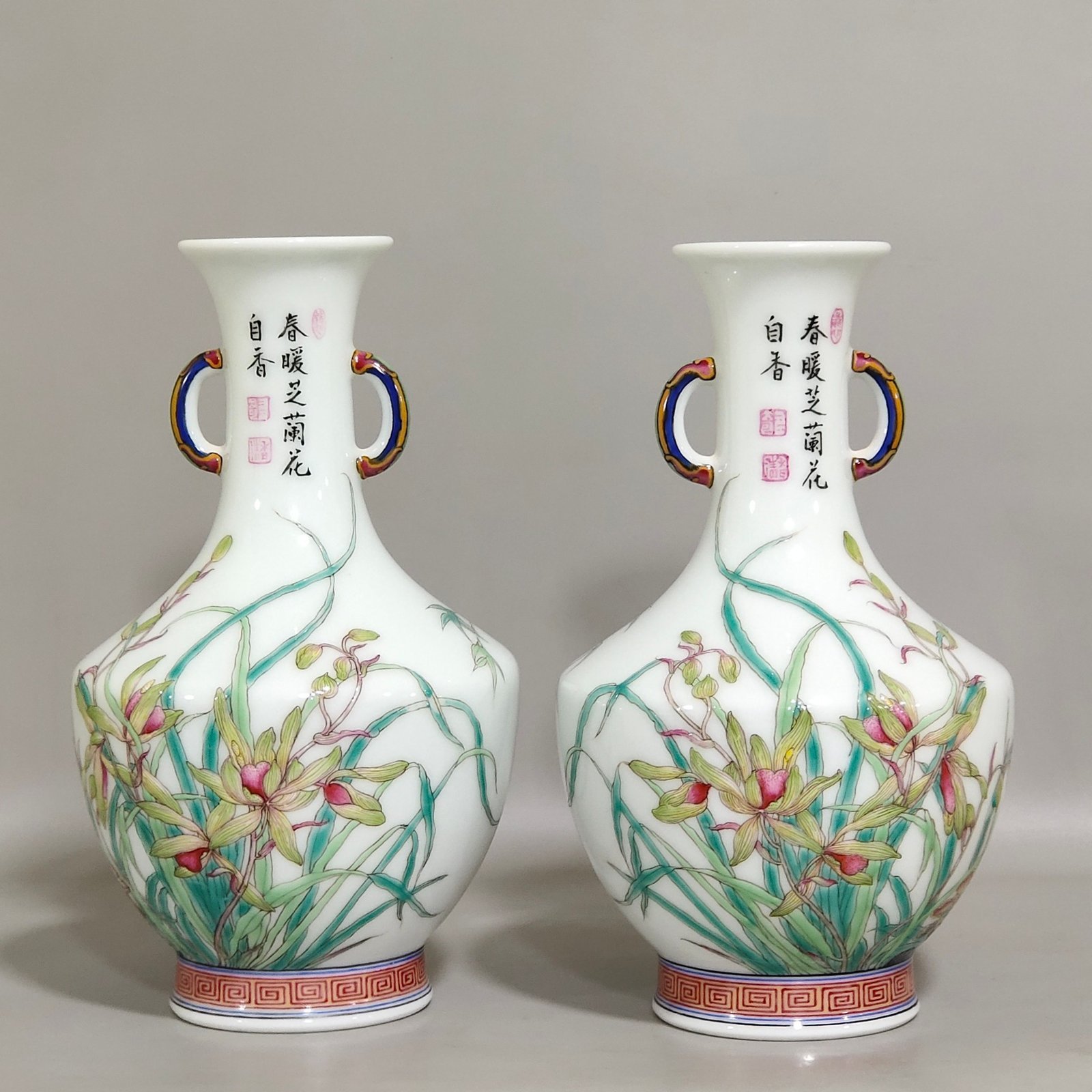 Qing Dynasty Qianlong enamel orchid poem amphorae