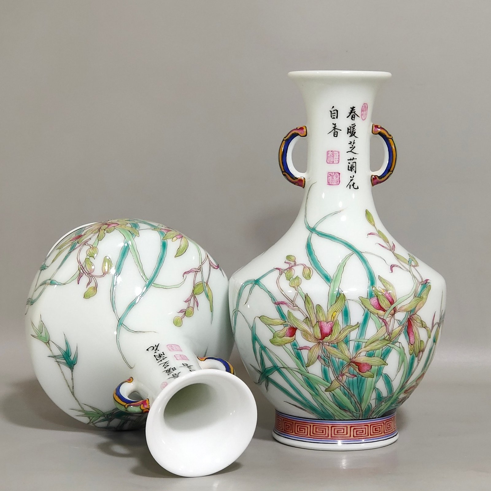 Qing Dynasty Qianlong enamel orchid poem amphorae