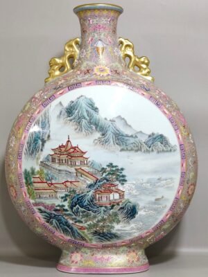 Qing Dynasty Qianlong enamel Gu Yuexuan window landscape attic large flat vase
