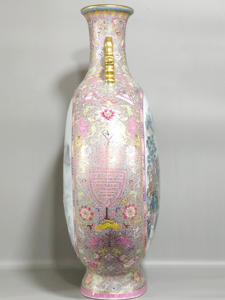Qing Dynasty Qianlong enamel Gu Yuexuan window landscape attic large flat vase
