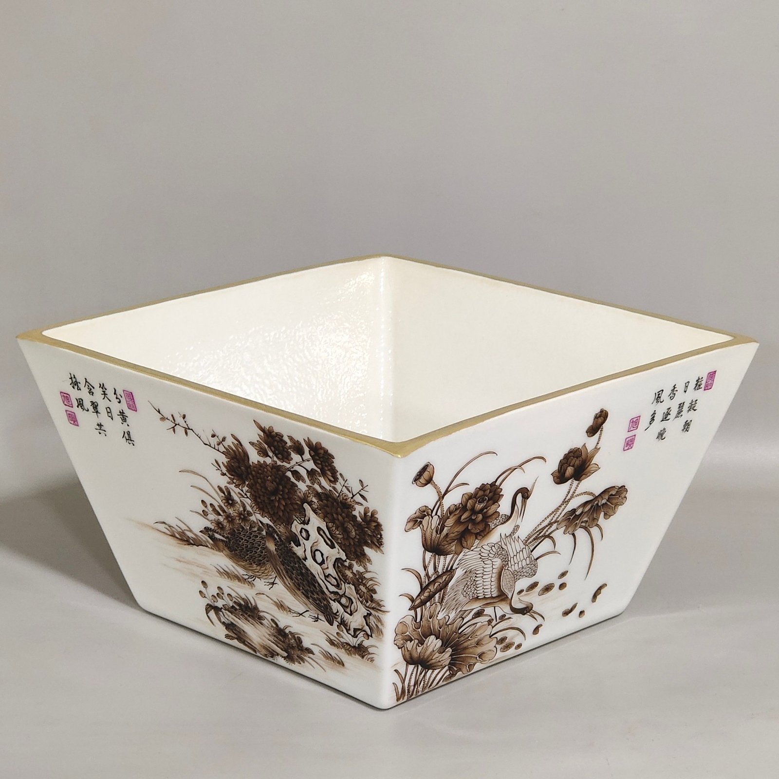 Qing Dynasty Qianlong enamel ink color poem with four seasons flowers and four square brush wash
