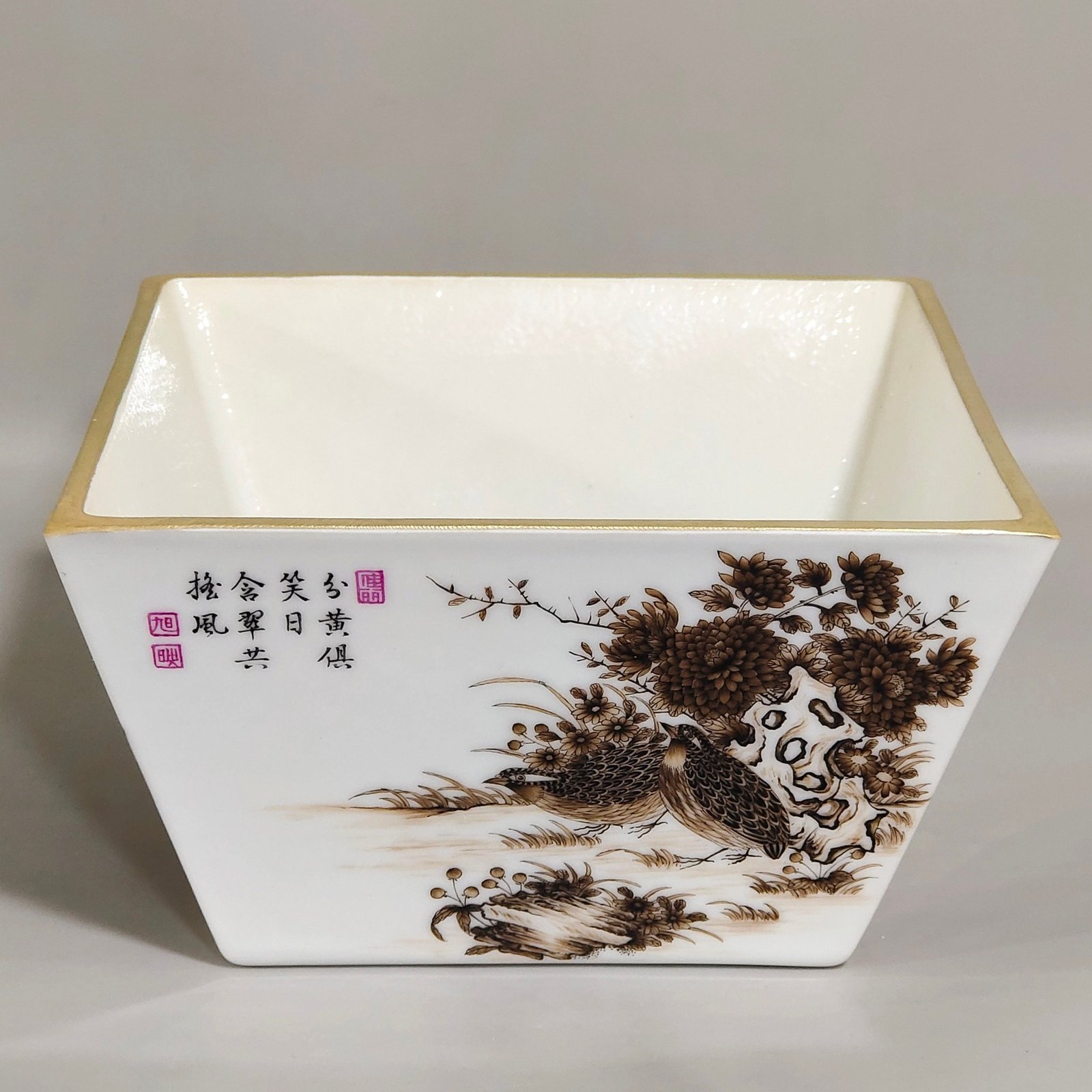 Qing Dynasty Qianlong enamel ink color poem with four seasons flowers and four square brush wash