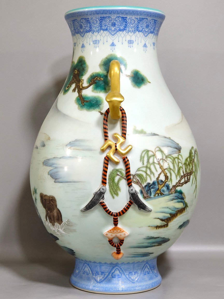 Qing Dynasty Qianlong enamel Taiping statue with elephants and two ears