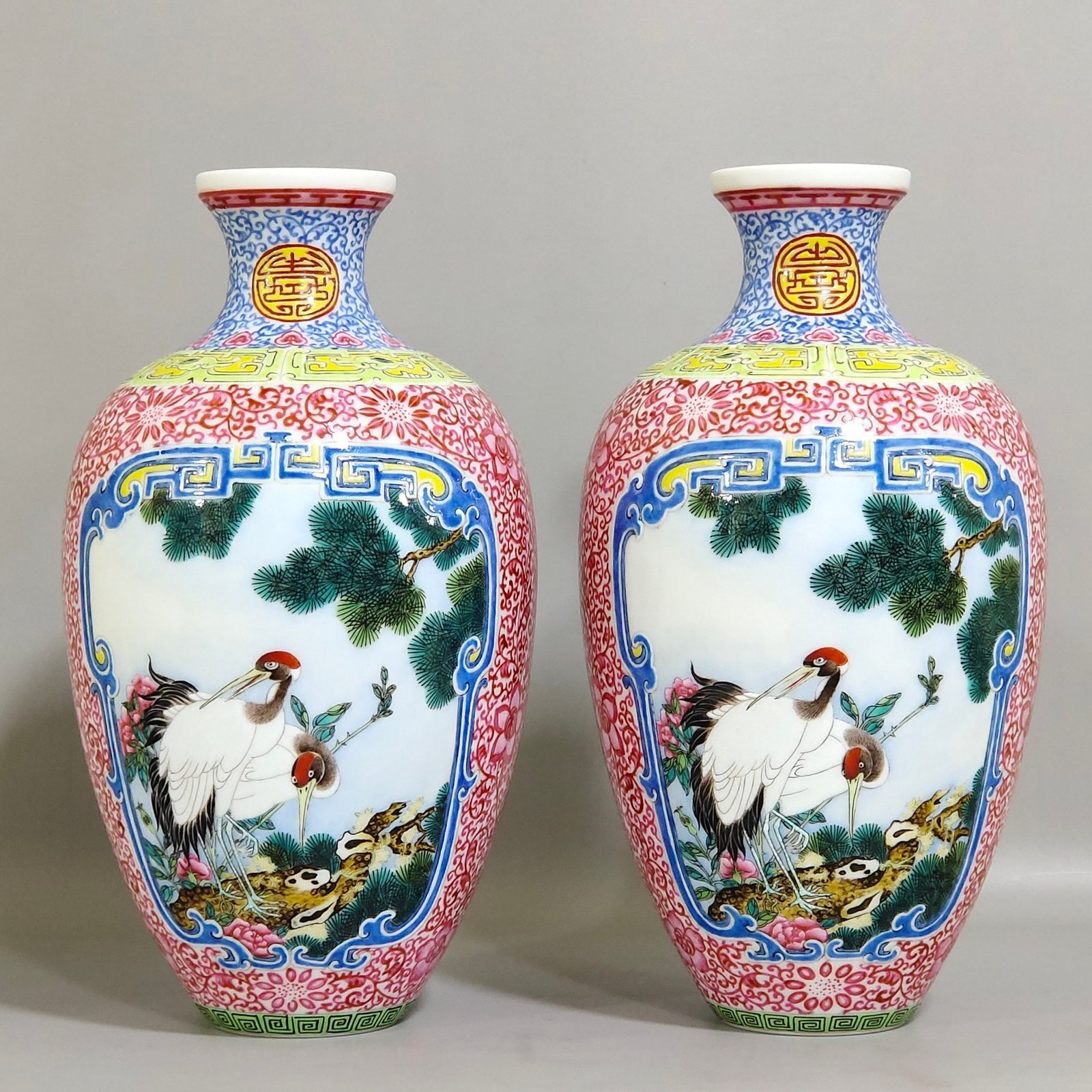 Qing Dynasty Qianlong enamel pine crane golden pheasant and plum vase