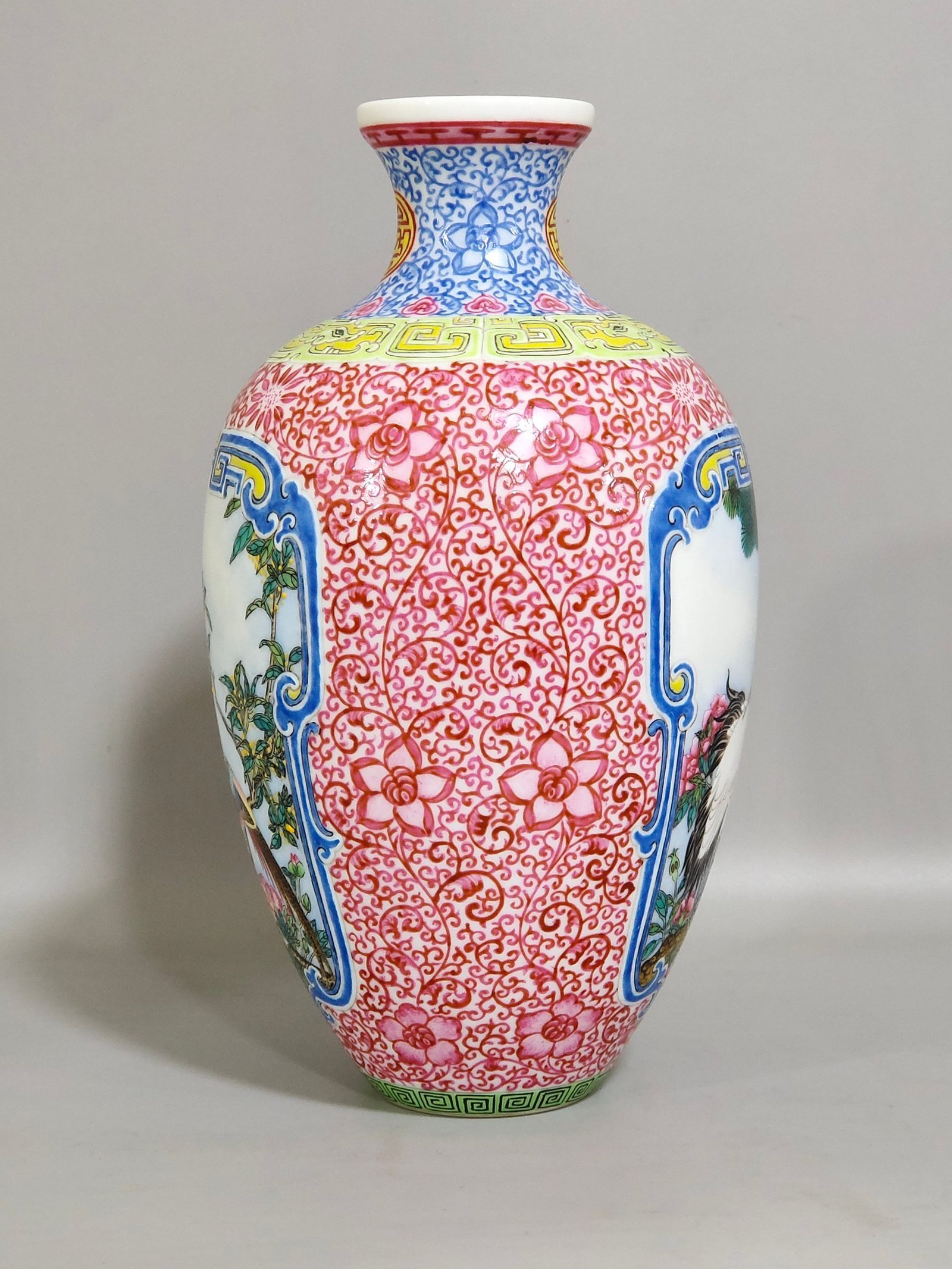 Qing Dynasty Qianlong enamel pine crane golden pheasant and plum vase