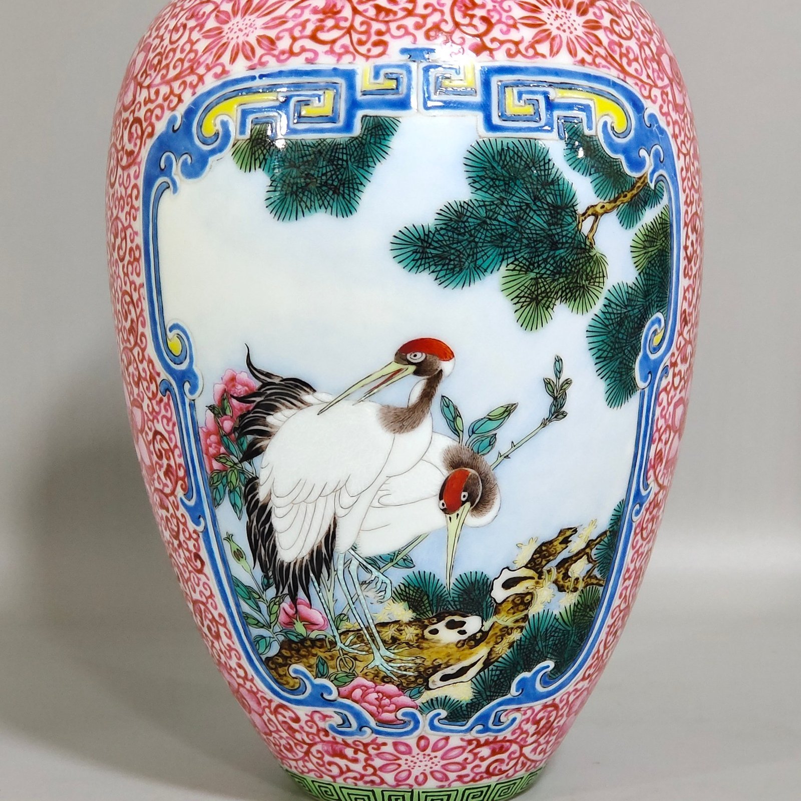 Qing Dynasty Qianlong enamel pine crane golden pheasant and plum vase
