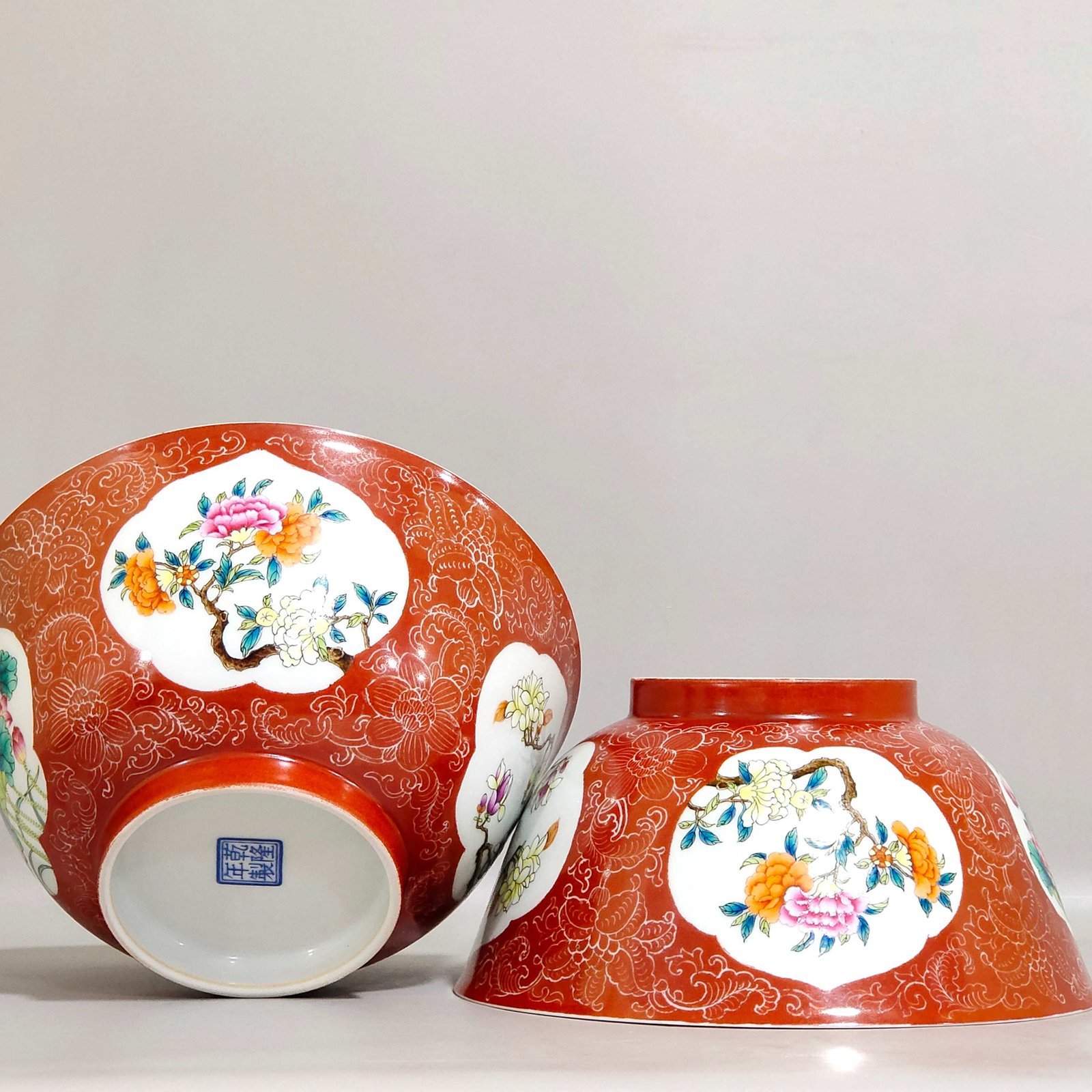 Qing Dynasty Qianlong enamel coral red and white flower window four-season flower bowl