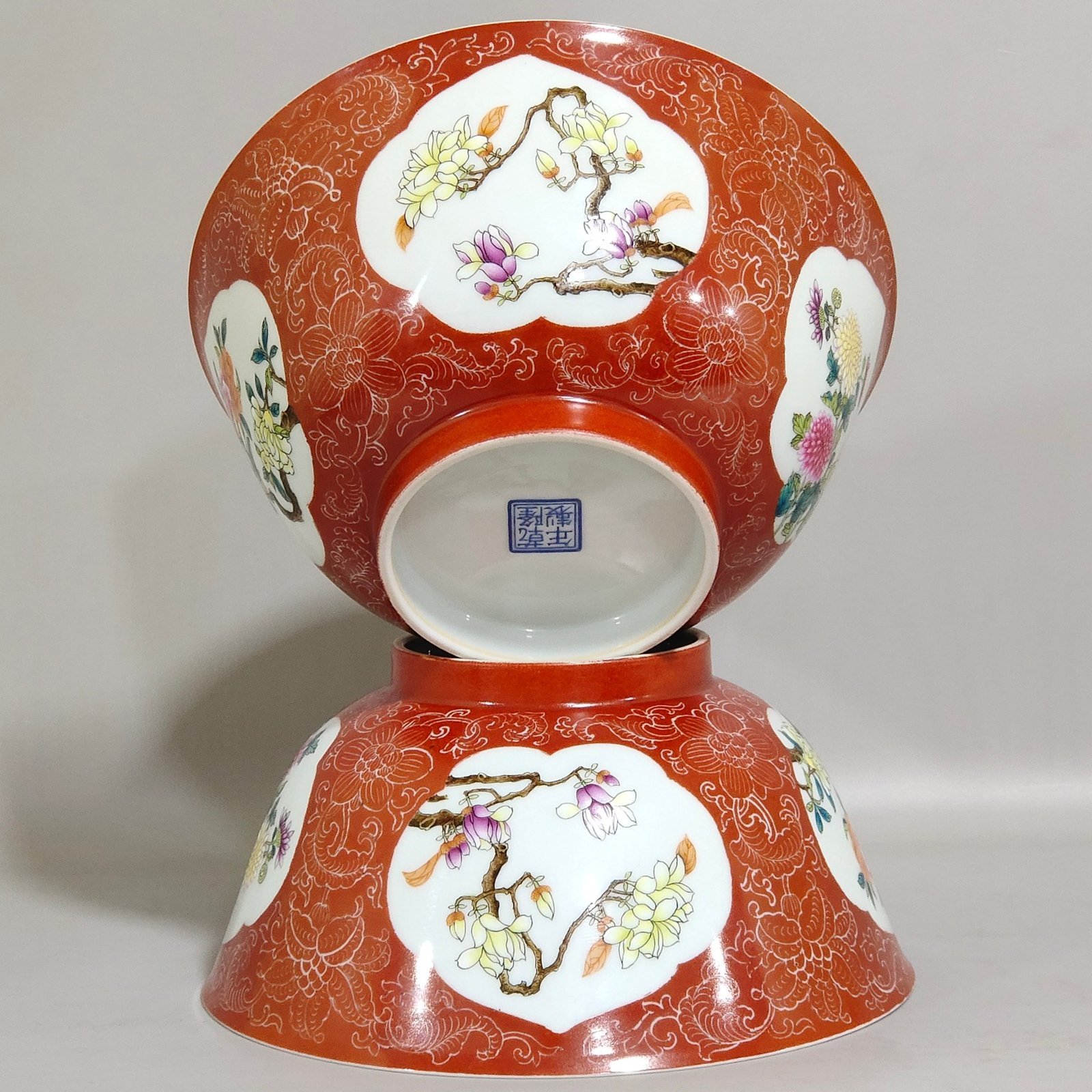 Qing Dynasty Qianlong enamel coral red and white flower window four-season flower bowl