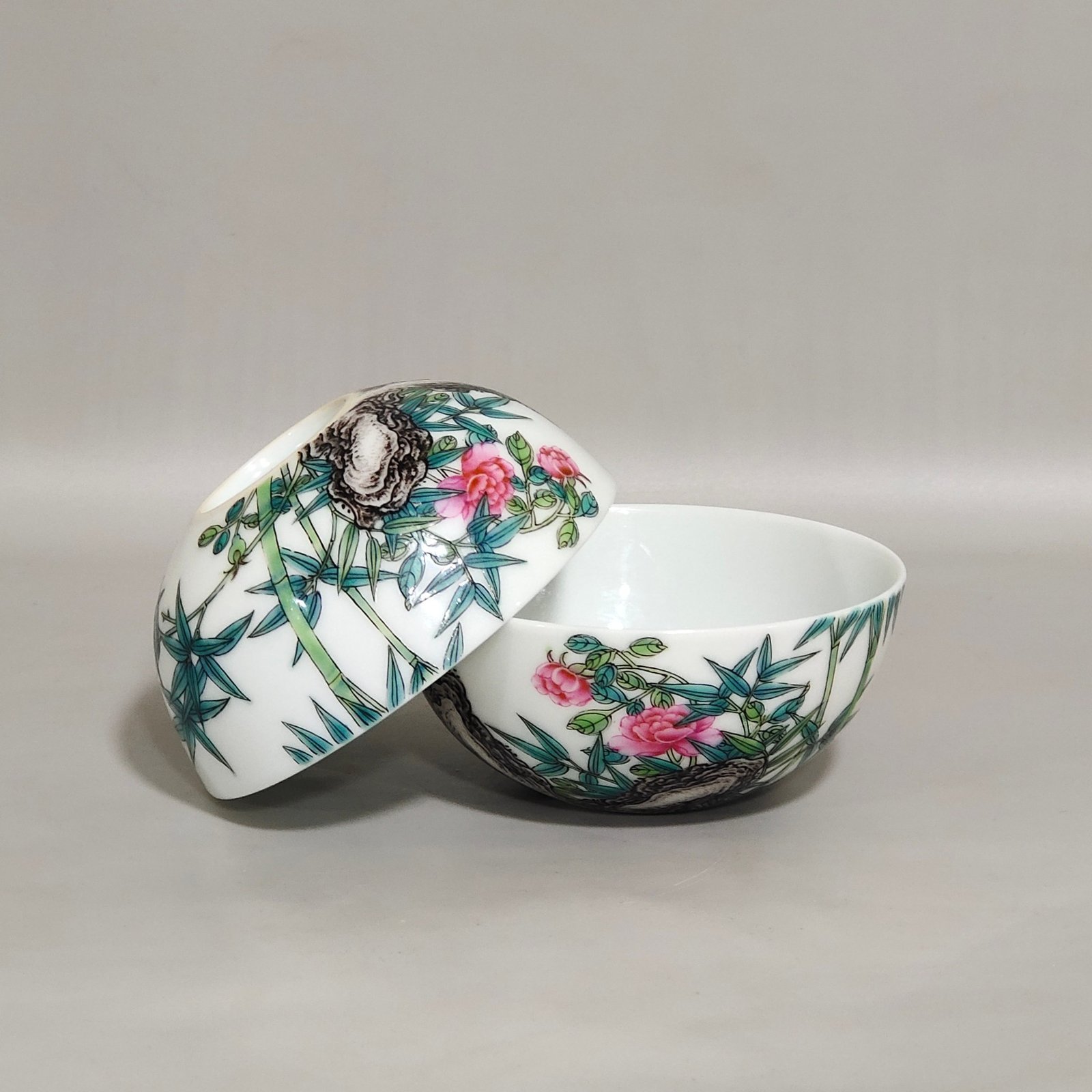 Qing Dynasty Qianlong enamel bamboo and flower inscribed poem cup