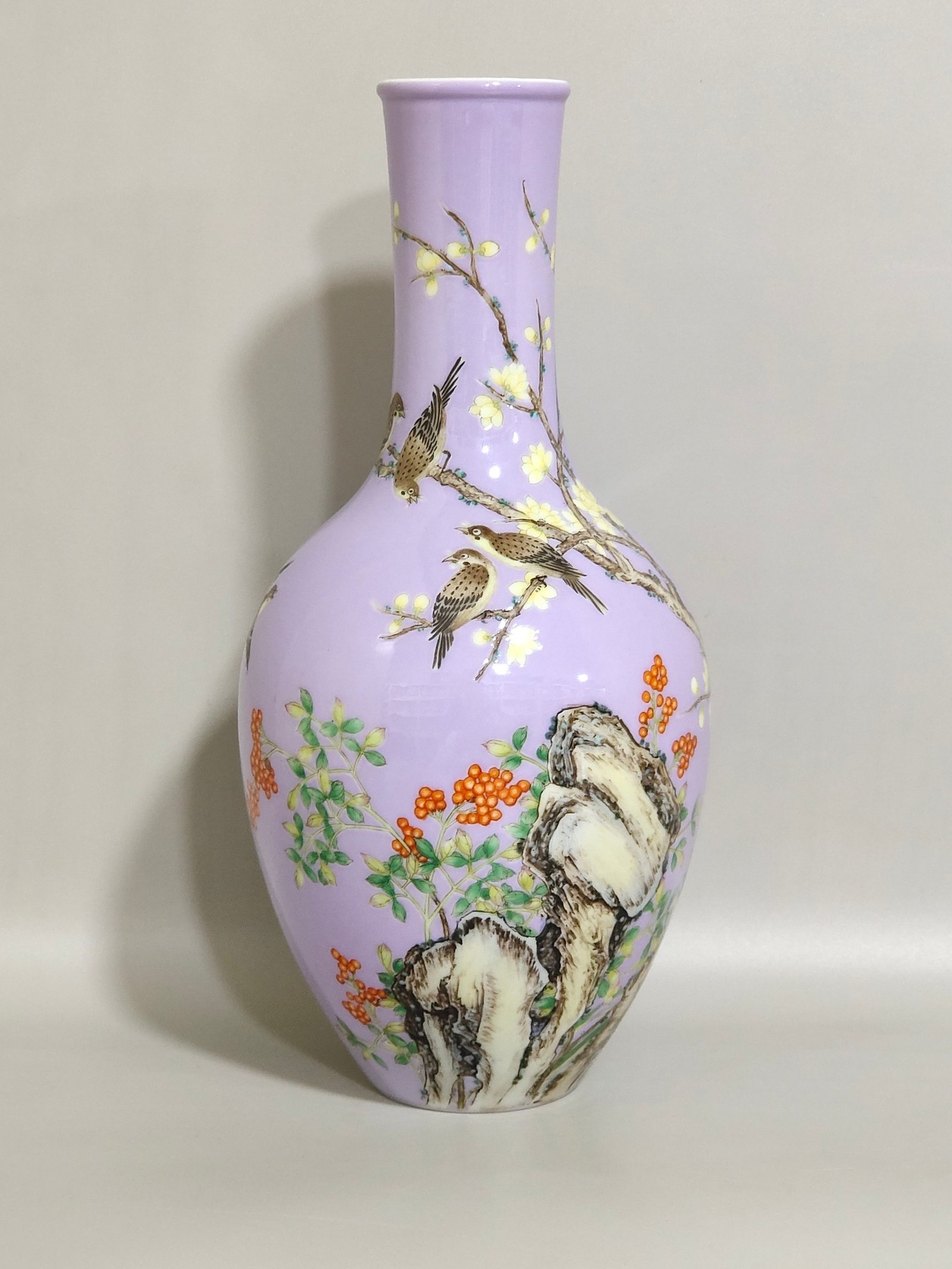Qing Dynasty Qianlong enamel violet plum flower sparrow poem olive vase