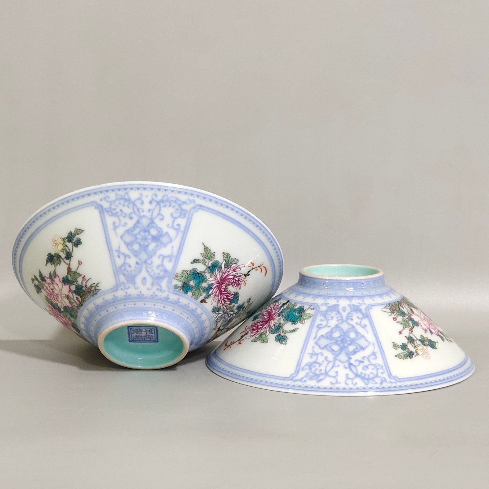 Qing Dynasty Qianlong enamel green edging window flower and bird bamboo hat cup