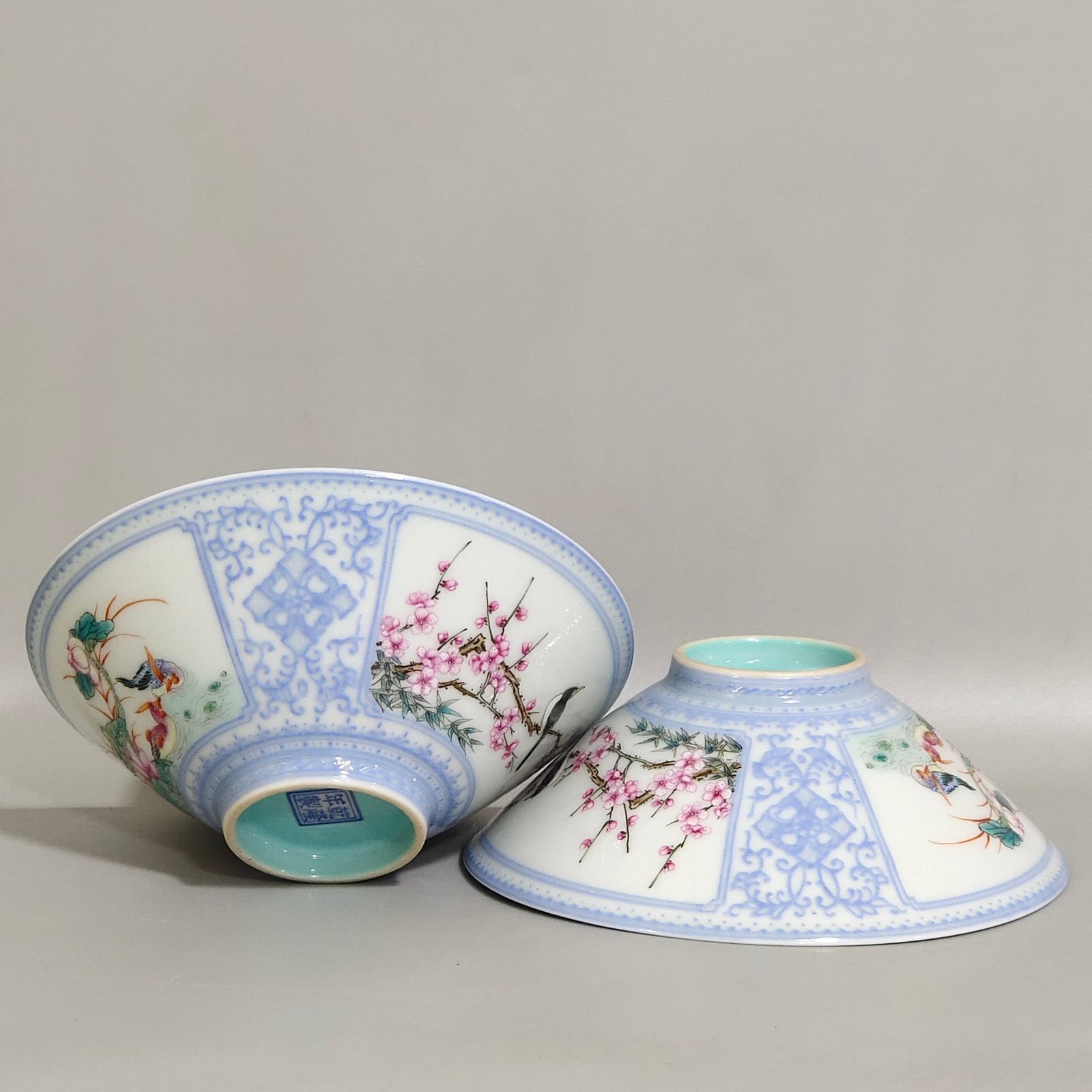 Qing Dynasty Qianlong enamel colorful emerald edge window lotus mandarin duck bamboo hat cup