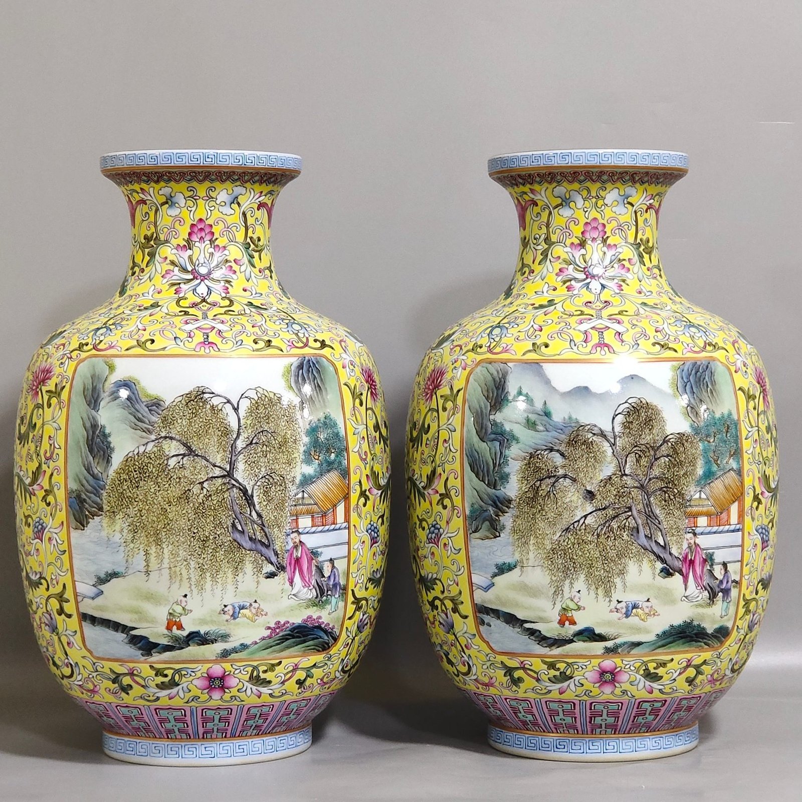 Qing Dynasty Qianlong enamel yellow ground window character story vase