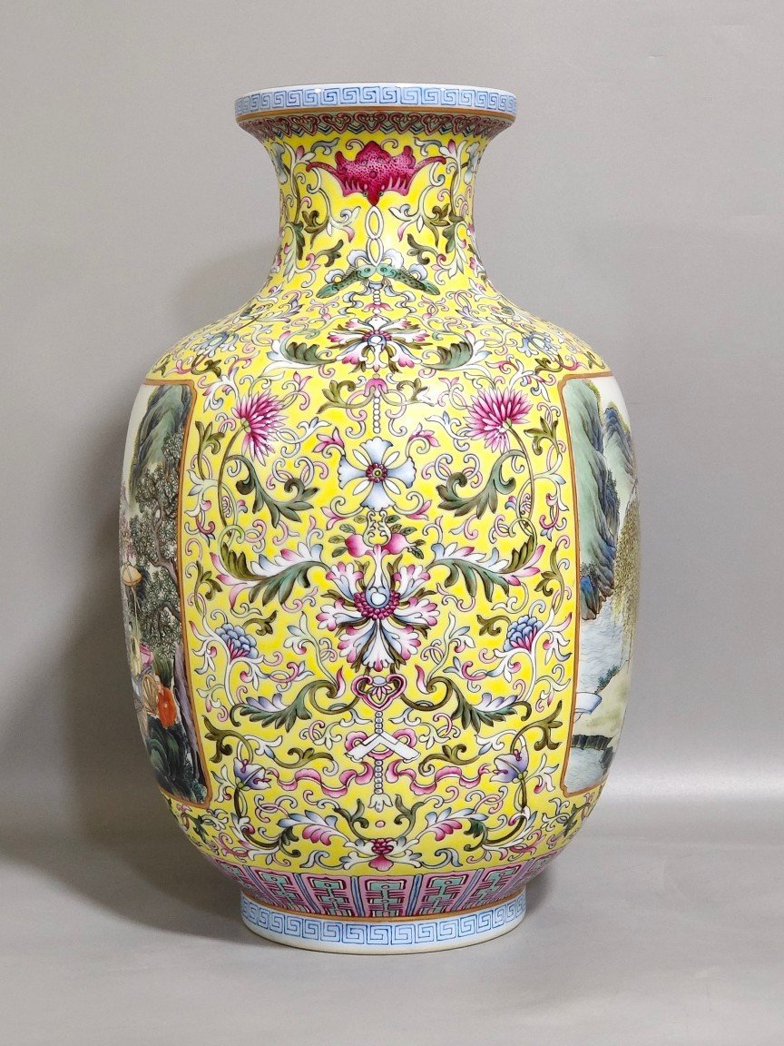 Qing Dynasty Qianlong enamel yellow ground window character story vase