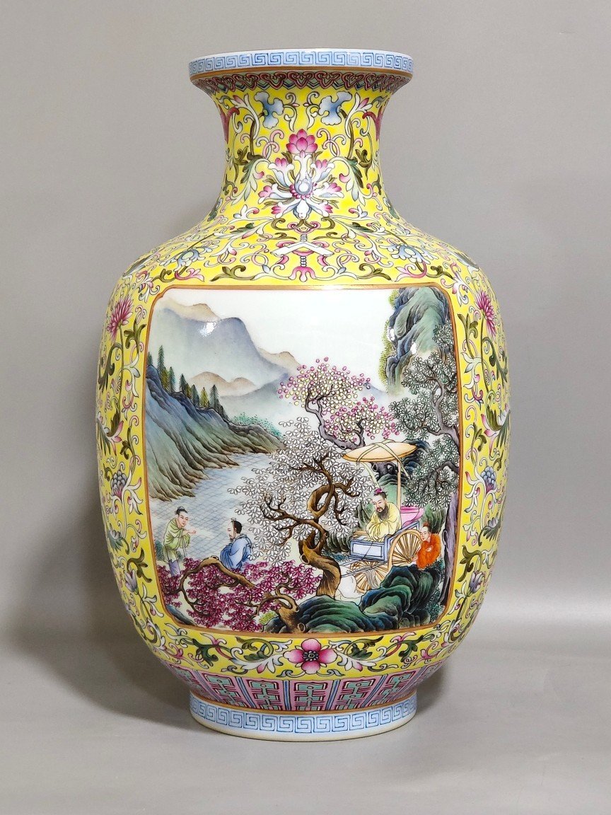 Qing Dynasty Qianlong enamel yellow ground window character story vase