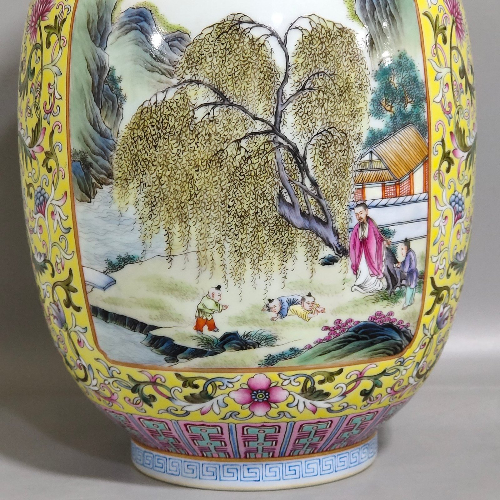 Qing Dynasty Qianlong enamel yellow ground window character story vase