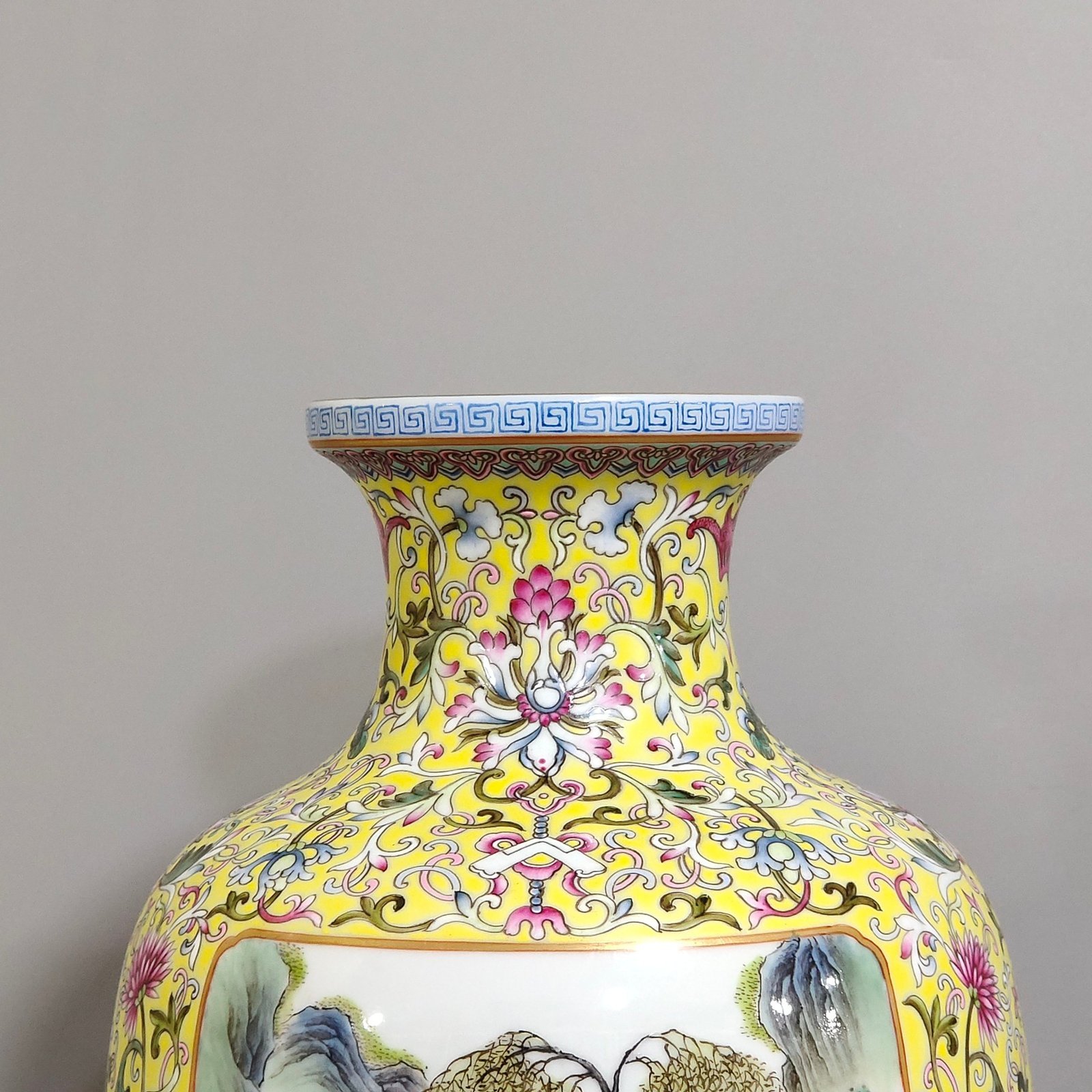 Qing Dynasty Qianlong enamel yellow ground window character story vase