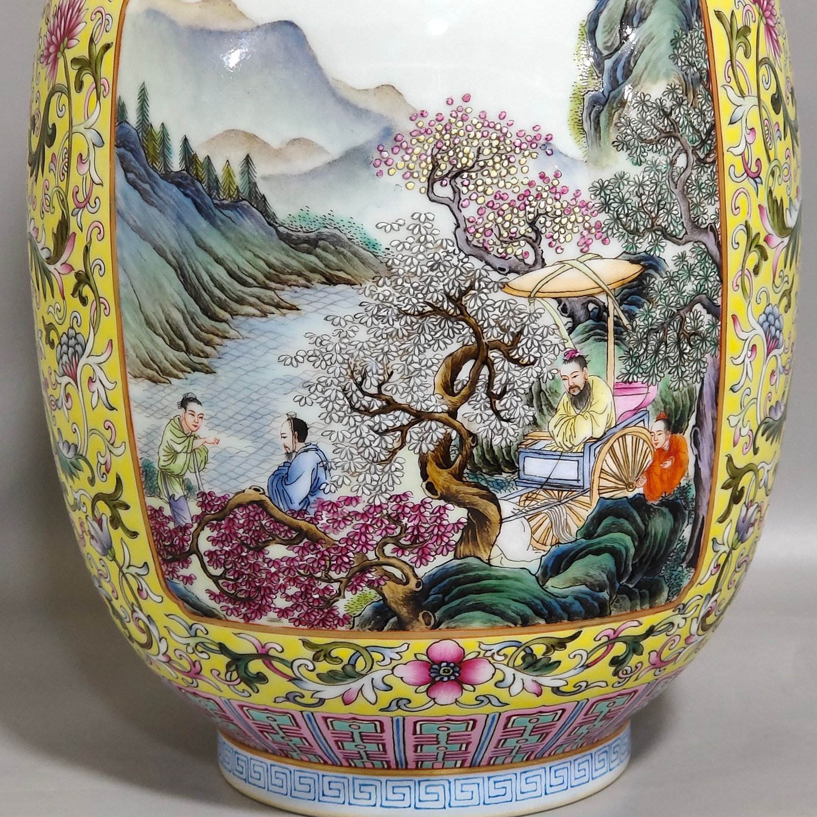 Qing Dynasty Qianlong enamel yellow ground window character story vase
