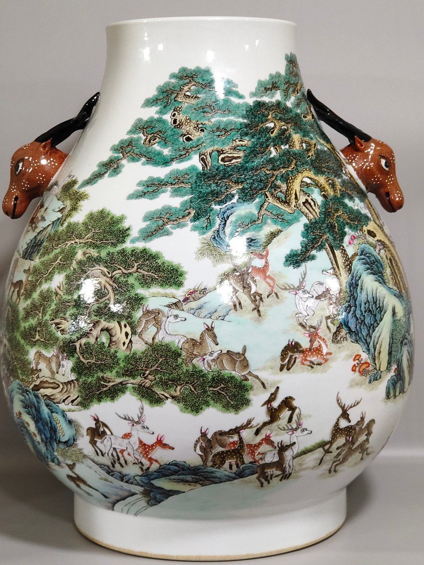 Qing Dynasty Qianlong Hundred Deer Deer Head Statue Vase