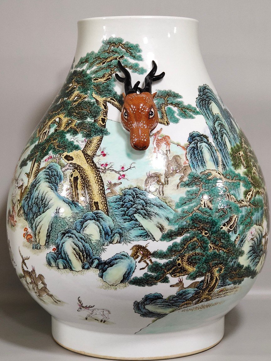 Qing Dynasty Qianlong Hundred Deer Deer Head Statue Vase