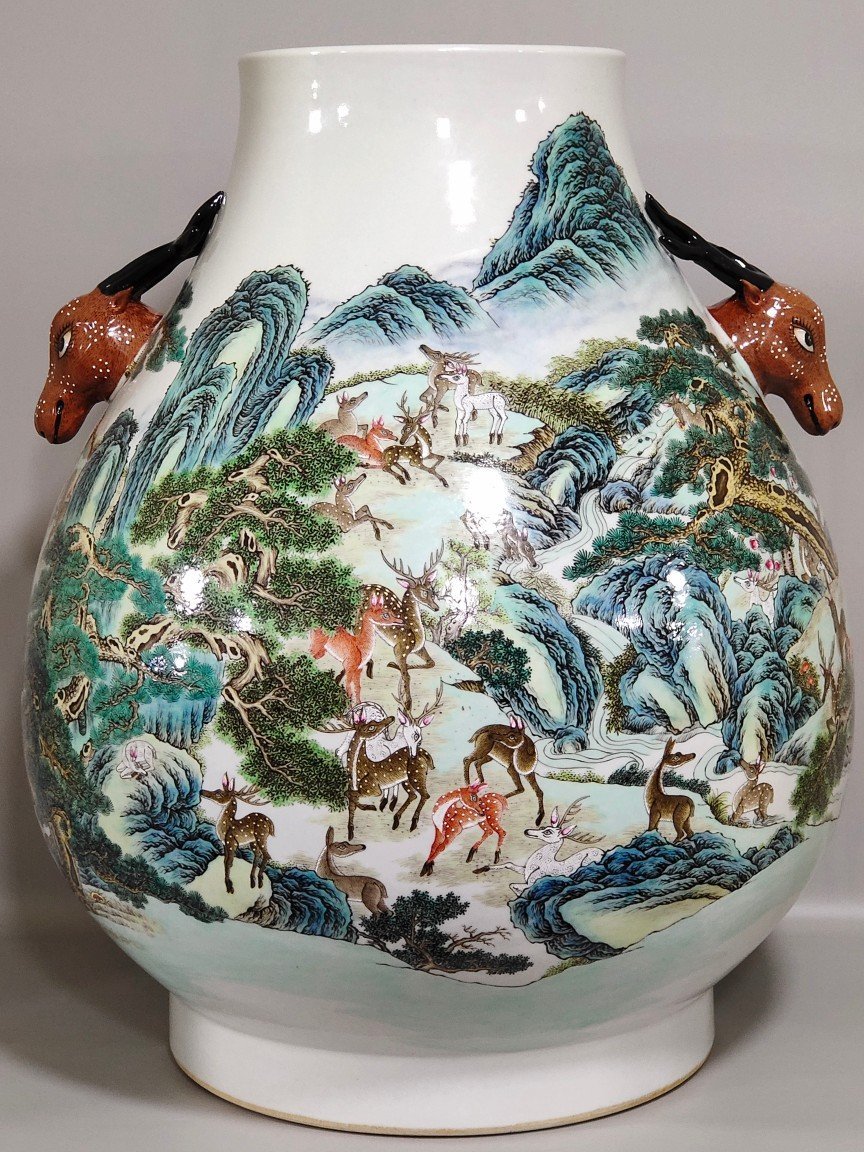 Qing Dynasty Qianlong Hundred Deer Deer Head Statue Vase