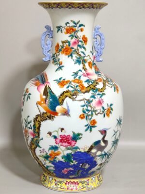 Qing Dynasty Qianlong pomegranate flower and golden pheasant double eared poem vase