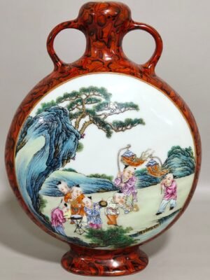 Qing Dynasty Qianlong stone patterned glazed window vase with baby playing and holding the moon