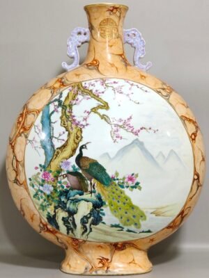 Qing Dynasty Qianlong stone patterned glazed peacock flat vase with windows