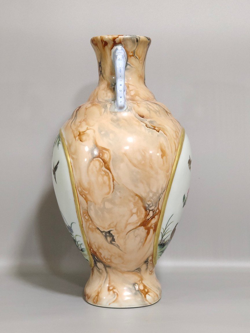 Qing Dynasty Qianlong stone patterned glazed flower and bird amphora with windows