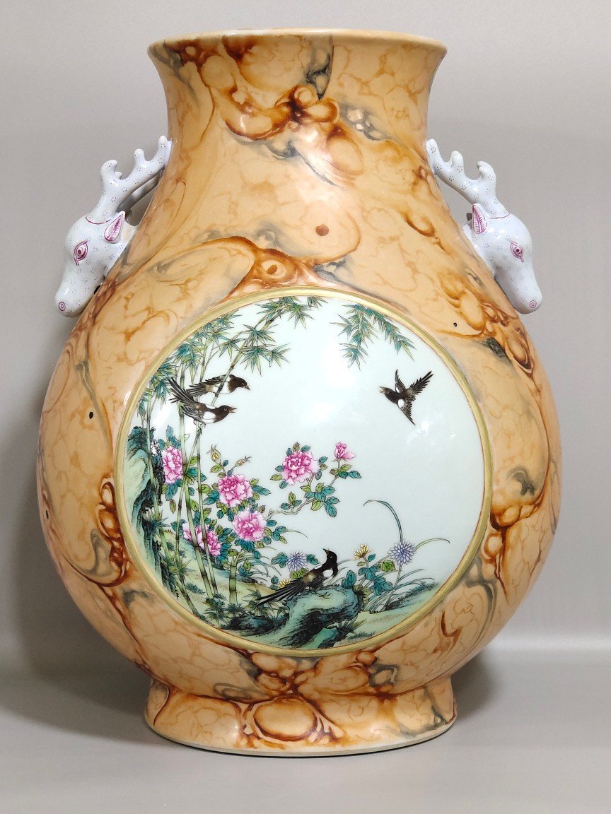 Qing Dynasty Qianlong stone pattern glazed windowed flower bird and deer head statue