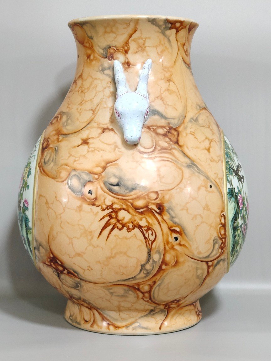 Qing Dynasty Qianlong stone pattern glazed windowed flower bird and deer head statue