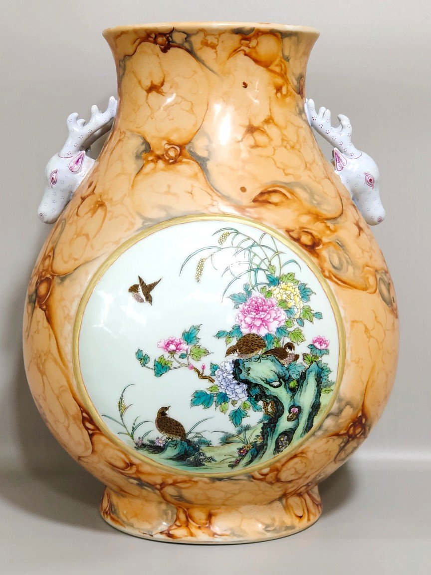 Qing Dynasty Qianlong stone pattern glazed windowed flower bird and deer head statue