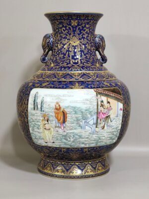 Qing Dynasty Qianlong Festival Blue Glaze Gold Painted Window Character Story Elephant Ear Vase