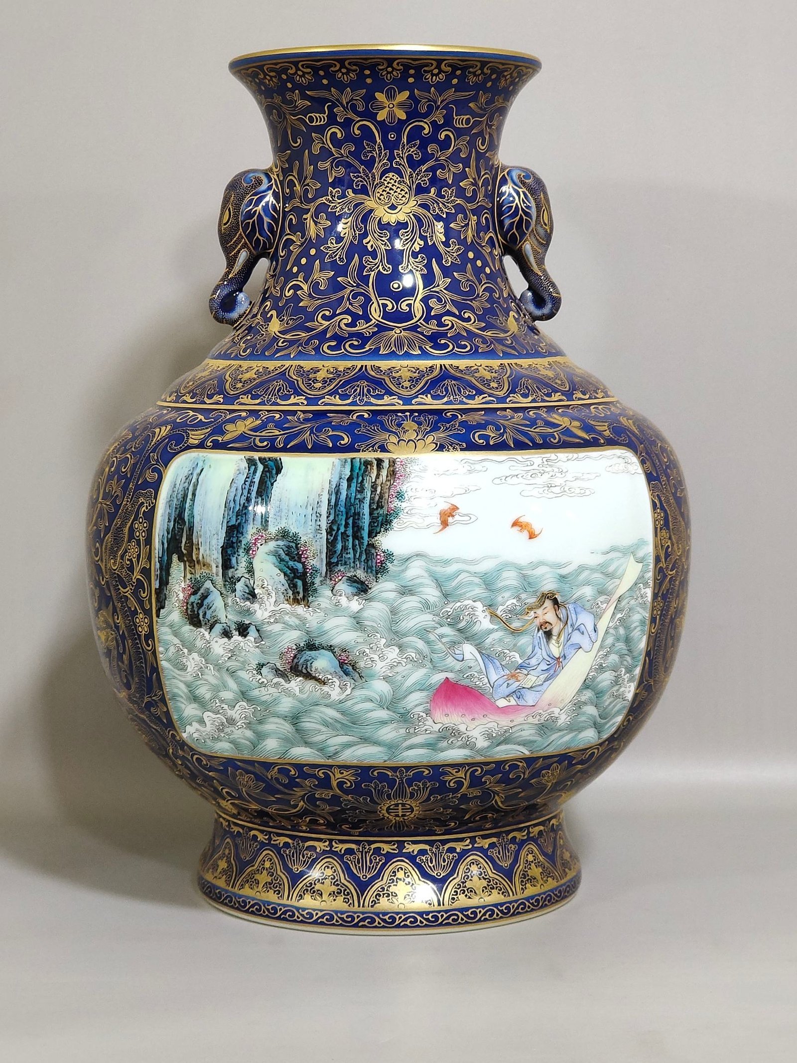 Qing Dynasty Qianlong Festival Blue Glaze Gold Painted Window Character Story Elephant Ear Vase