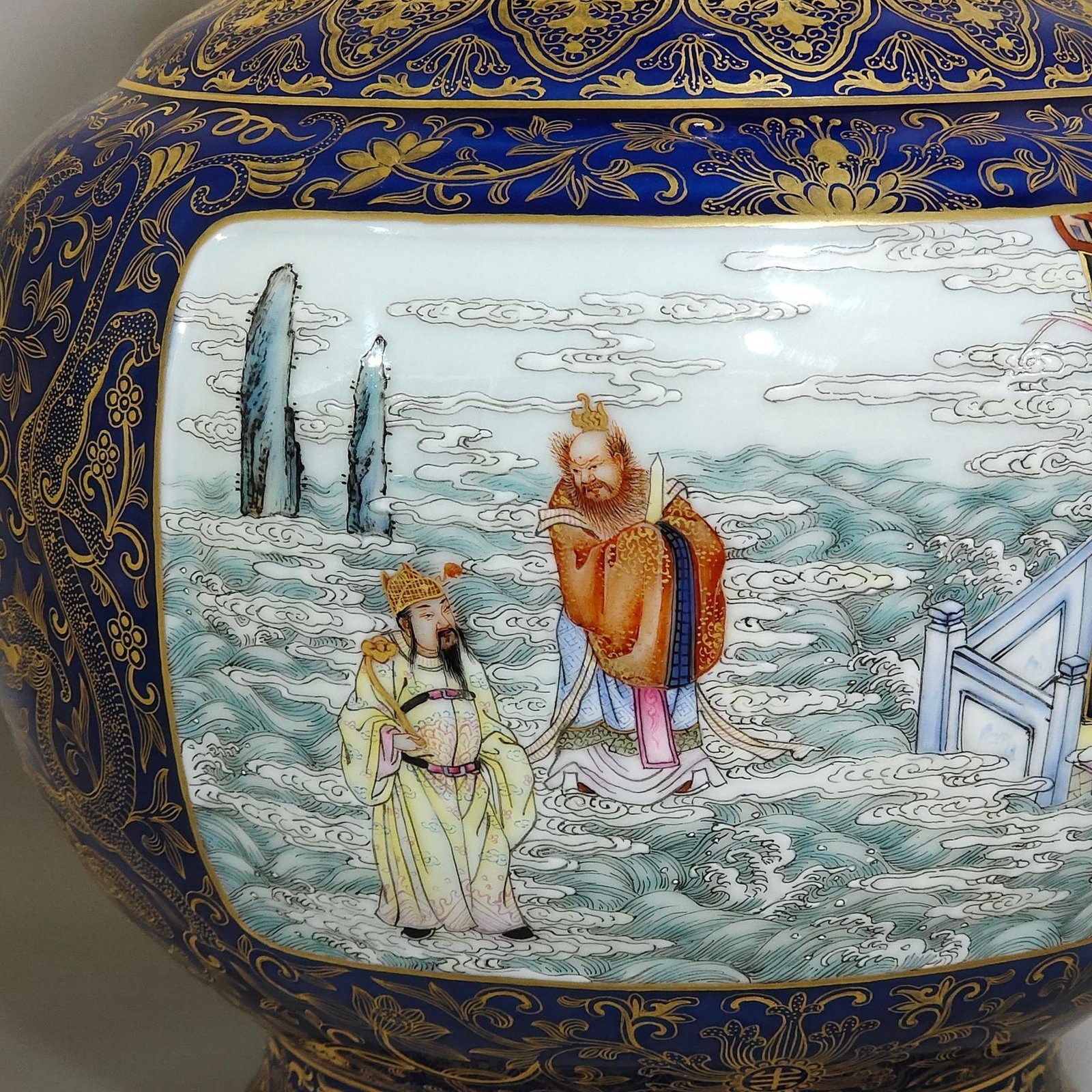 Qing Dynasty Qianlong Festival Blue Glaze Gold Painted Window Character Story Elephant Ear Vase