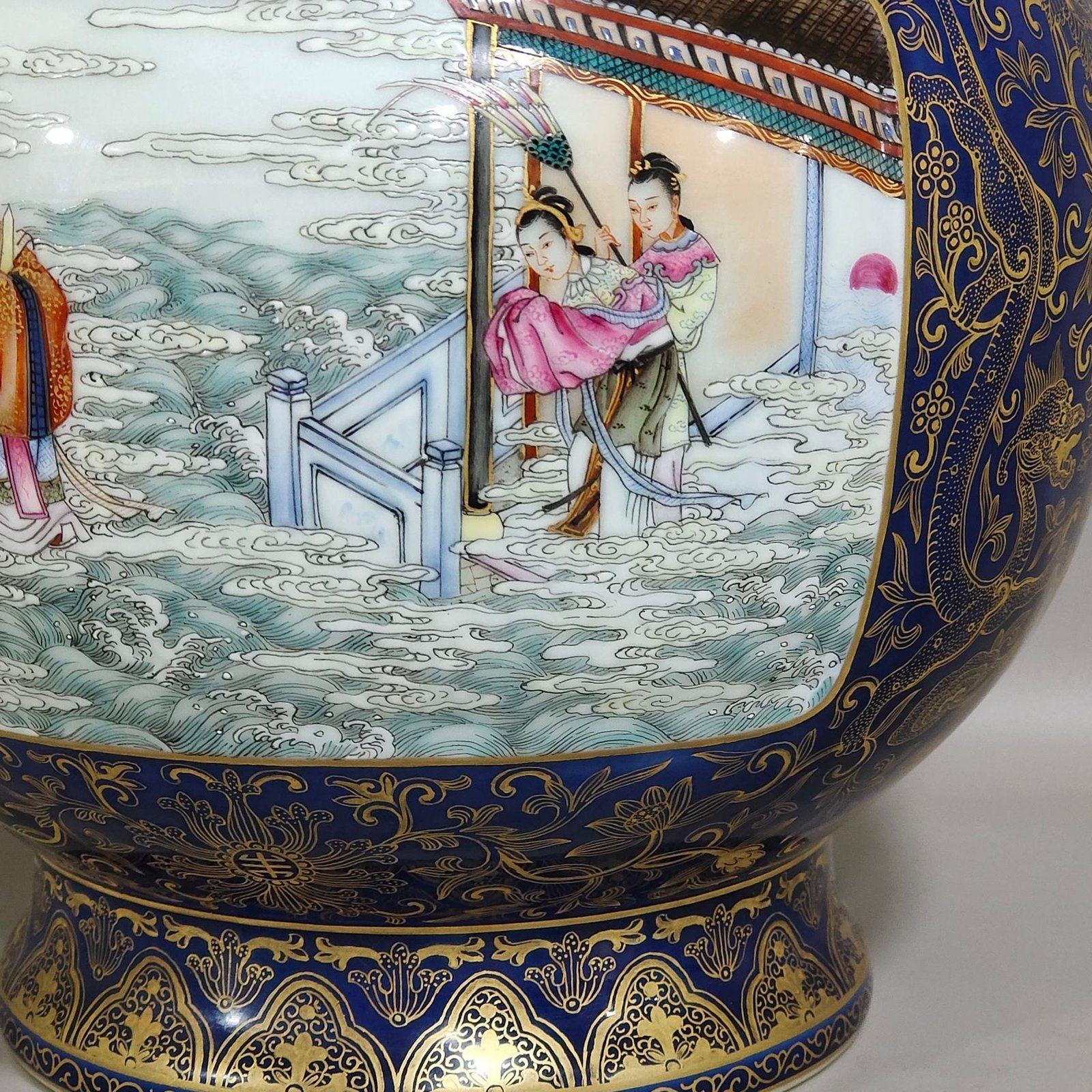 Qing Dynasty Qianlong Festival Blue Glaze Gold Painted Window Character Story Elephant Ear Vase