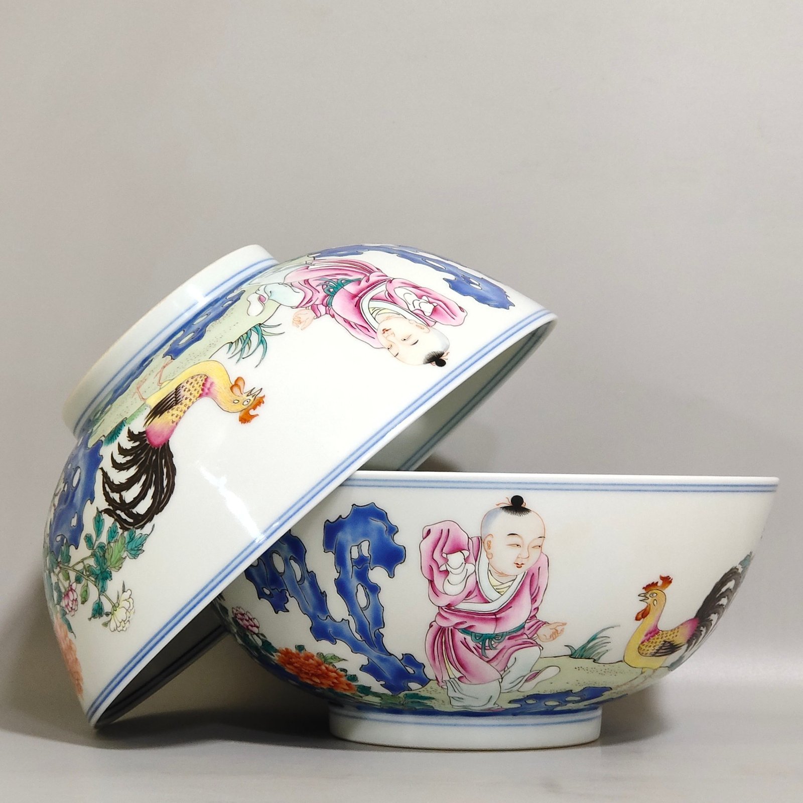 Qing Dynasty Qianlong boy’s cockfighting poem bowl