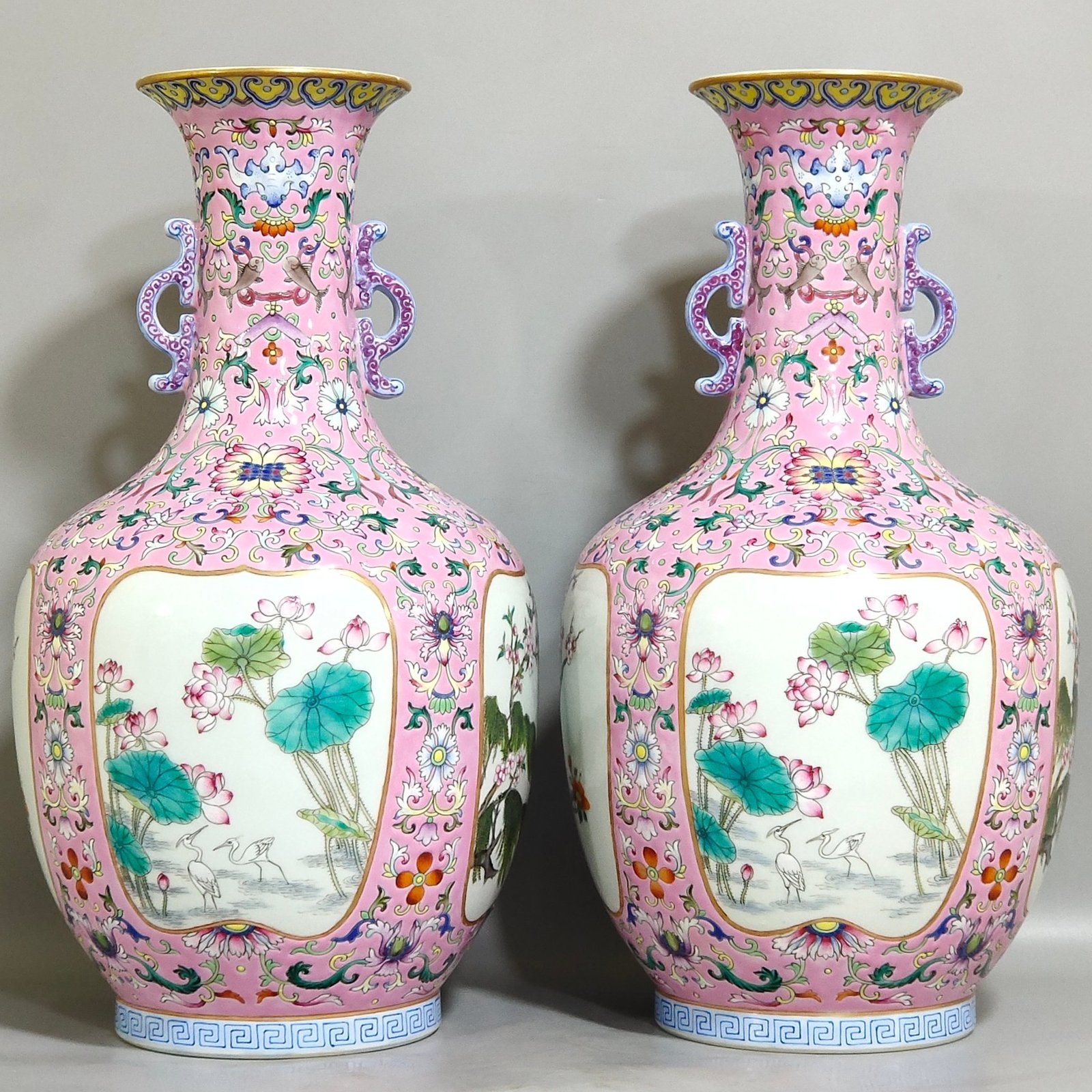 Qing Dynasty Qianlong pink windowed four season flower amphorae