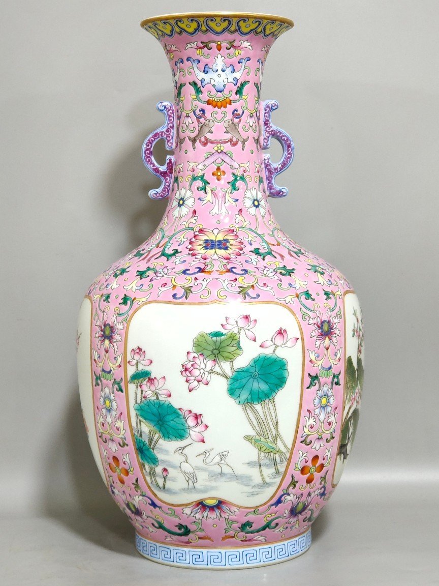 Qing Dynasty Qianlong pink windowed four season flower amphorae
