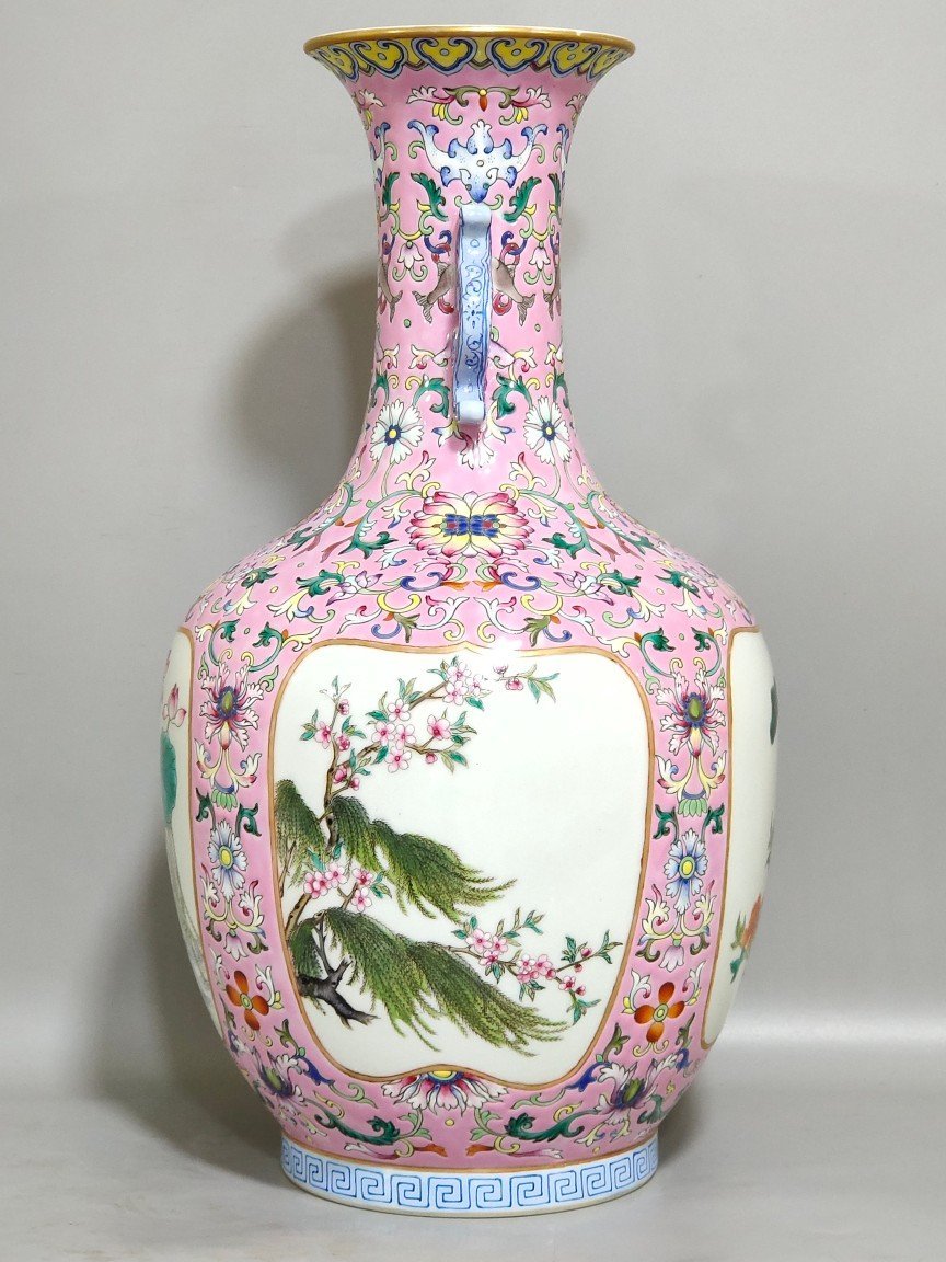 Qing Dynasty Qianlong pink windowed four season flower amphorae