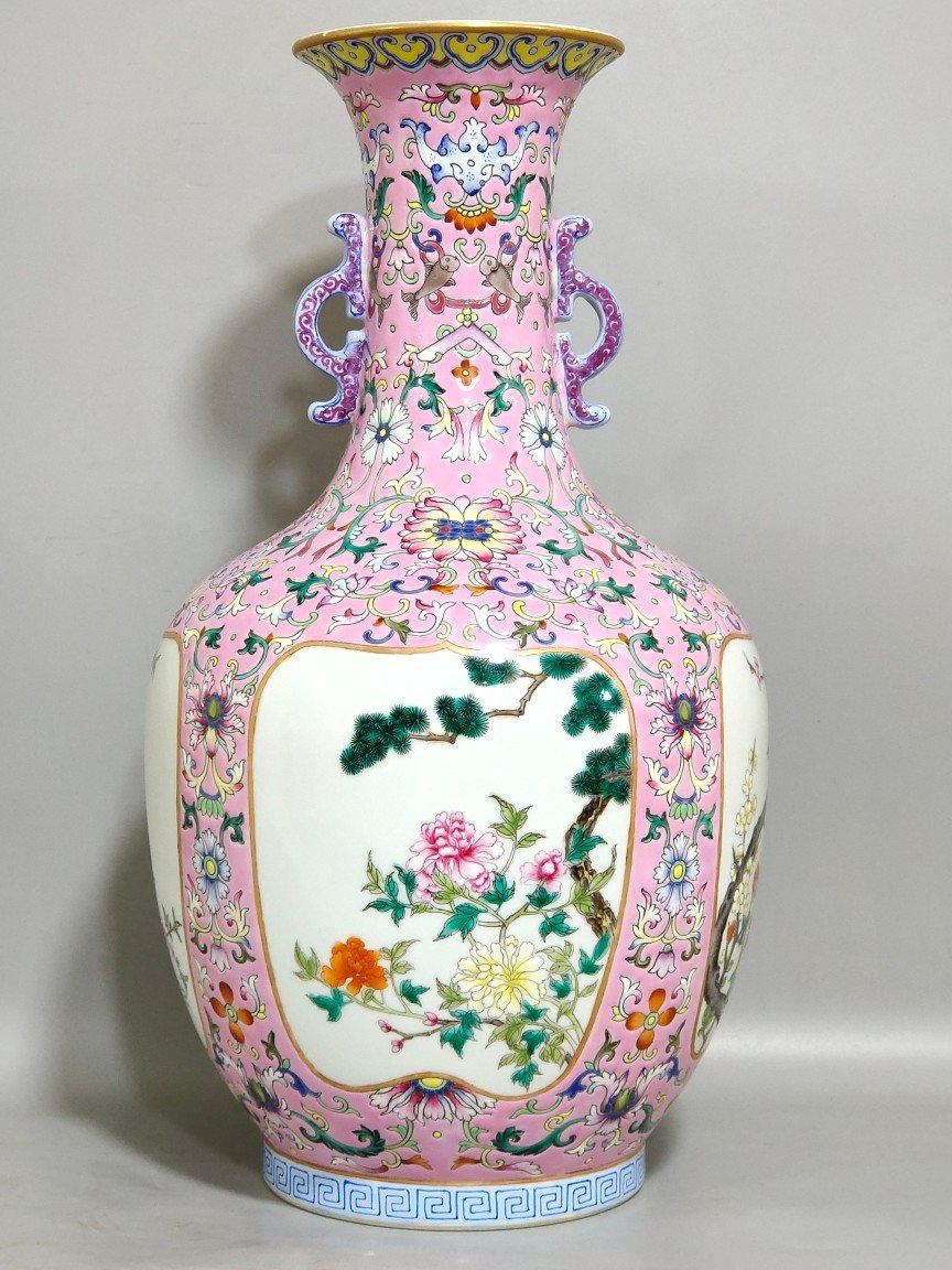 Qing Dynasty Qianlong pink windowed four season flower amphorae