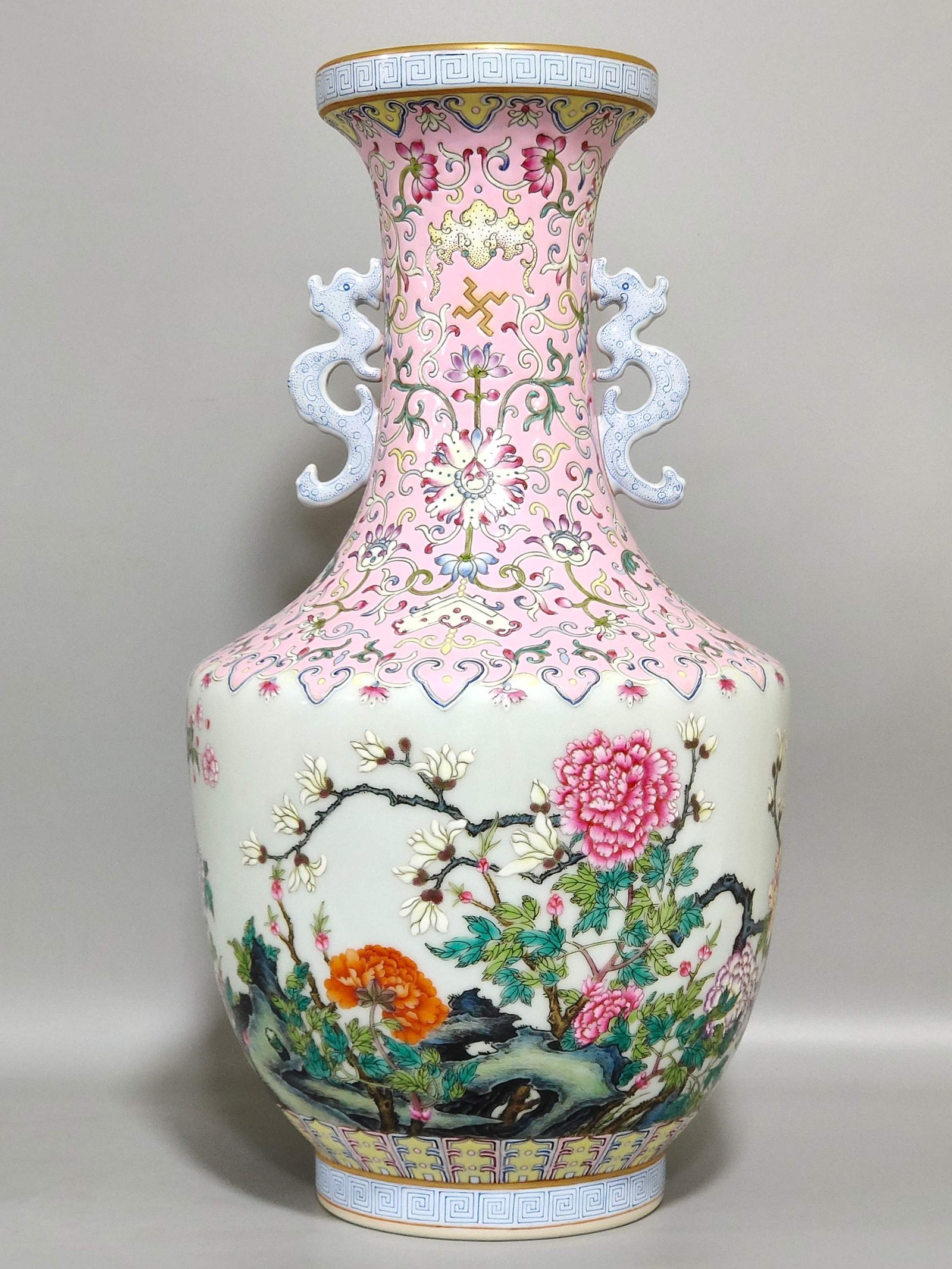 Qing Dynasty Qianlong A pink peony and magnolia amphorae