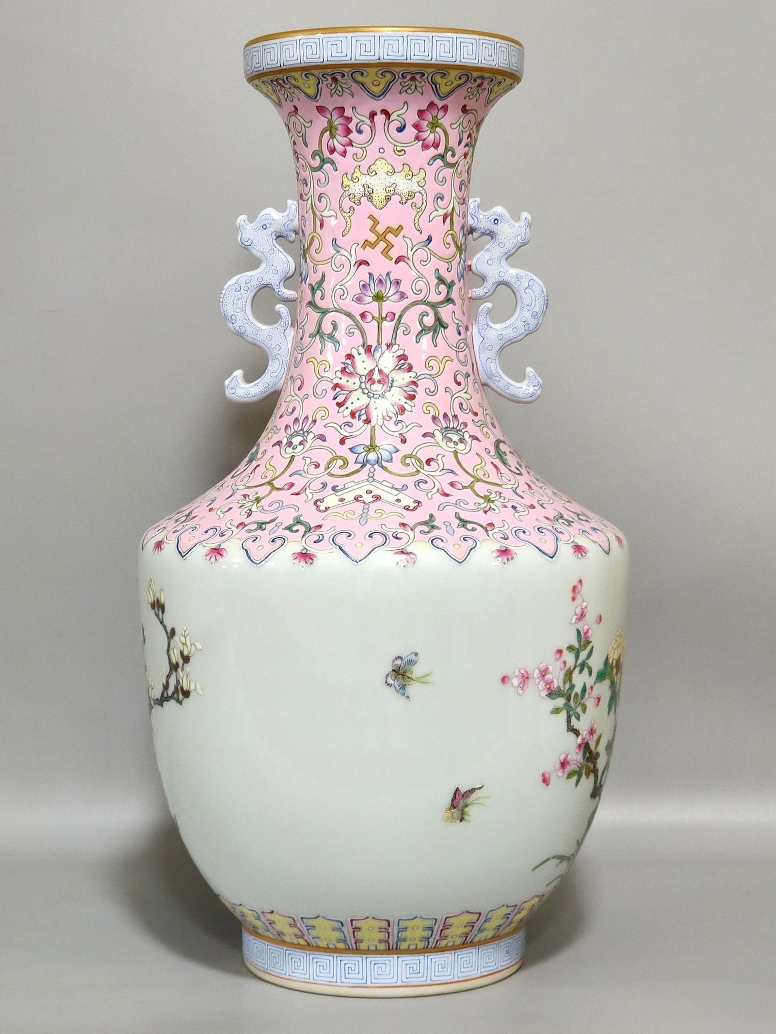 Qing Dynasty Qianlong A pink peony and magnolia amphorae