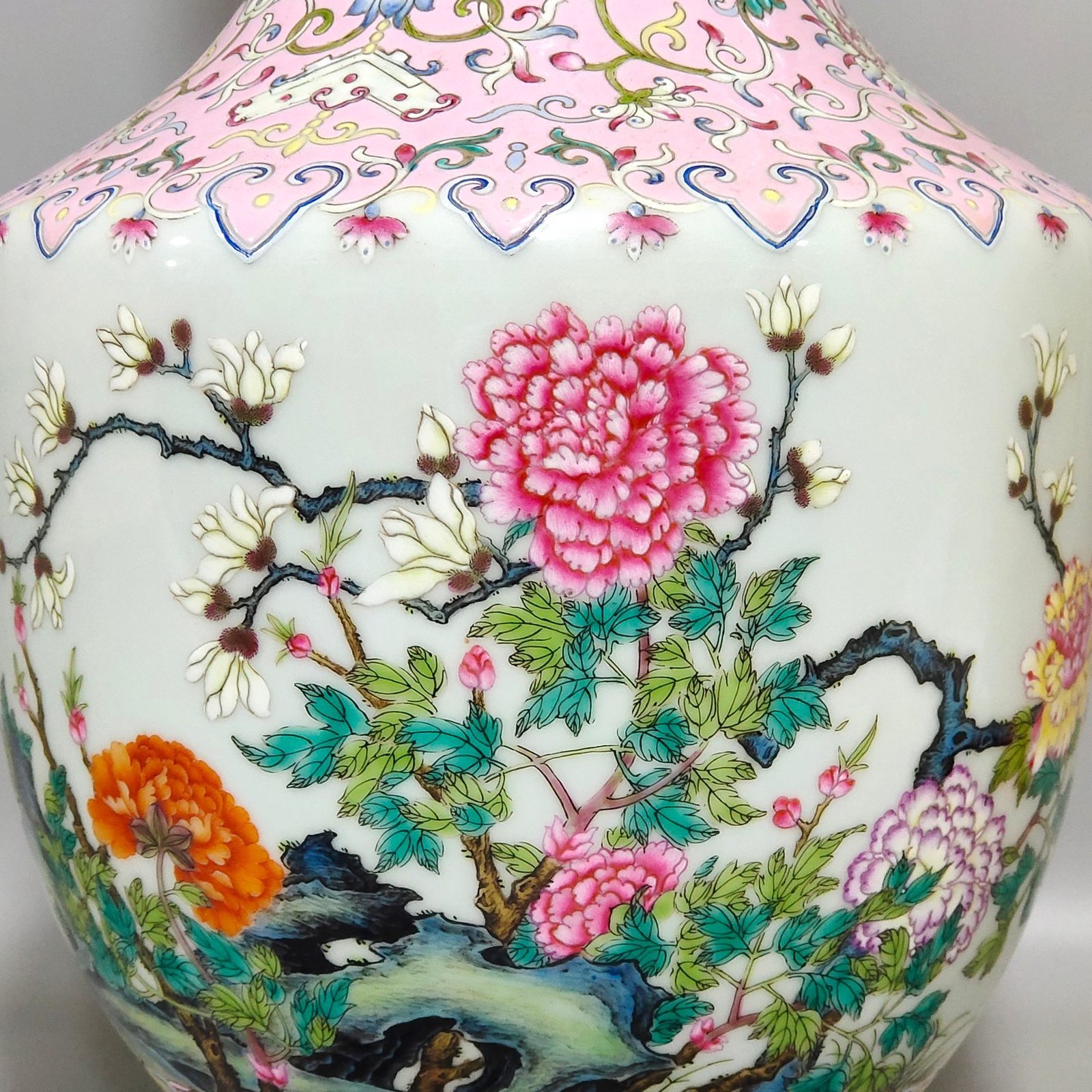 Qing Dynasty Qianlong A pink peony and magnolia amphorae