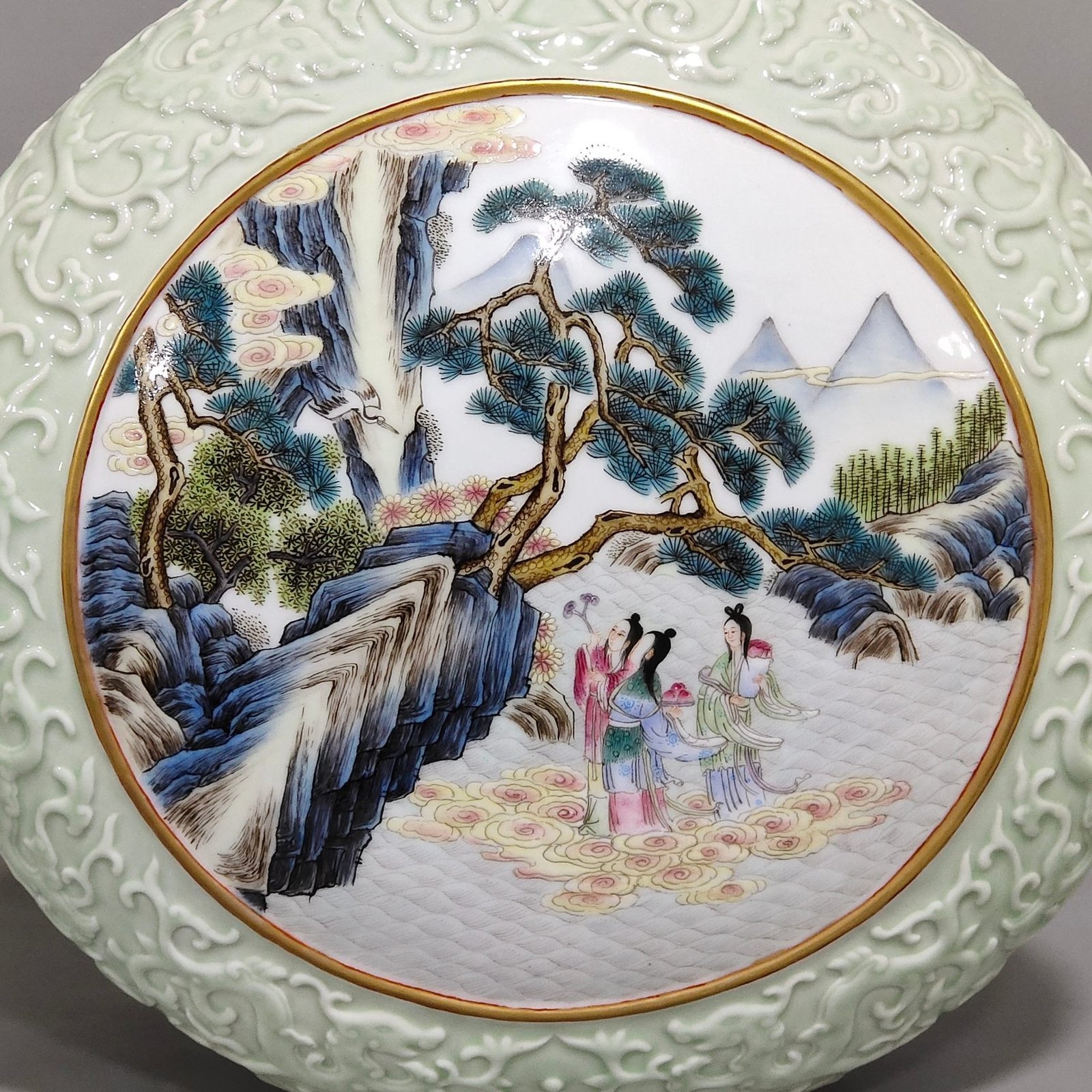 Qing Dynasty Qianlong pink green glaze carving window character story three tube moon holding vase