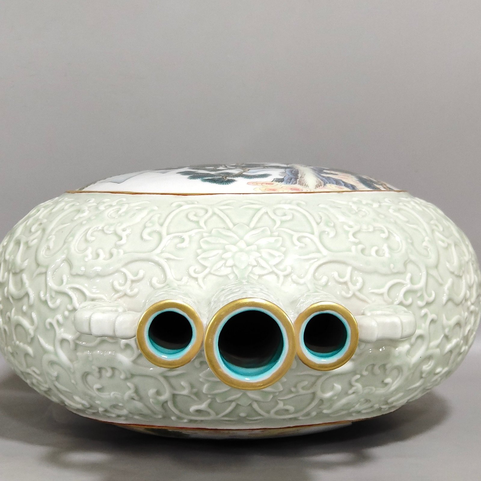 Qing Dynasty Qianlong pink green glaze carving window character story three tube moon holding vase