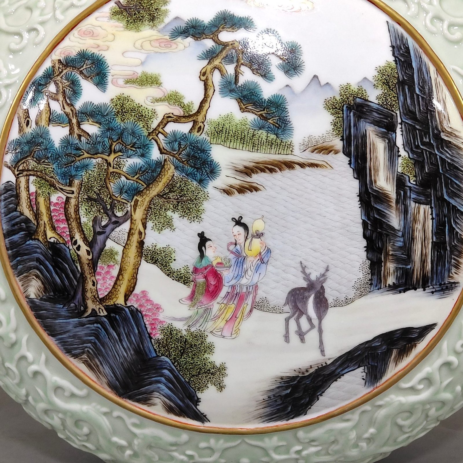 Qing Dynasty Qianlong pink green glaze carving window character story three tube moon holding vase