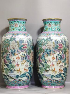 Qing Dynasty Qianlong Greenland Characters Story Ming Emperor Xing Shu Picture Winter Melon Vase