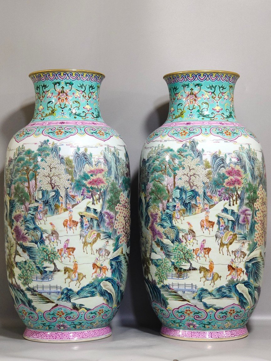 Qing Dynasty Qianlong Greenland Characters Story Ming Emperor Xing Shu Picture Winter Melon Vase