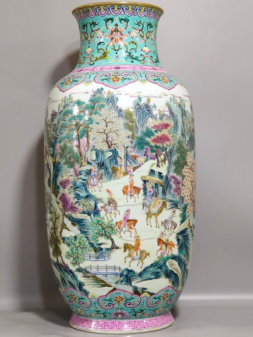 Qing Dynasty Qianlong Greenland Characters Story Ming Emperor Xing Shu Picture Winter Melon Vase
